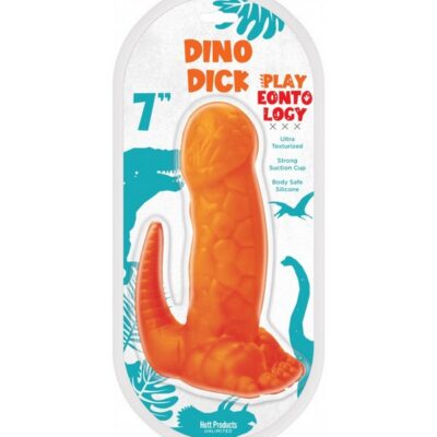 7 inch orange dinosaur-shaped silicone dildo with suction cup base by Hott Products