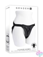 Black adjustable faux-leather strap-on harness with O-ring and vibrating finger ring by Gender X