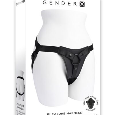Black adjustable faux-leather strap-on harness with O-ring and vibrating finger ring by Gender X