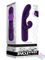 Purple inflatable dual rabbit vibrator with expandable shaft and curlicue stimulator arm by Evolved Novelties