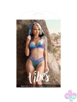 Holographic aqua PLUR triangle bralette with removable hood and matching caged panty on white background