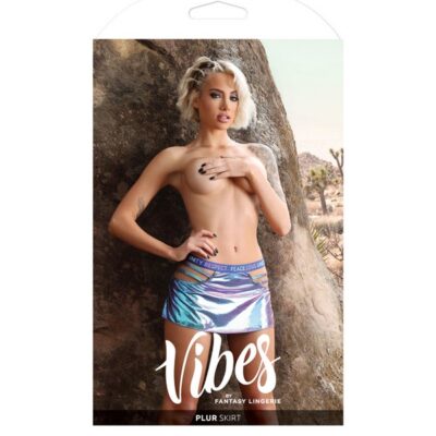 Holographic aqua cut-out mini skirt with elastic waist on white background