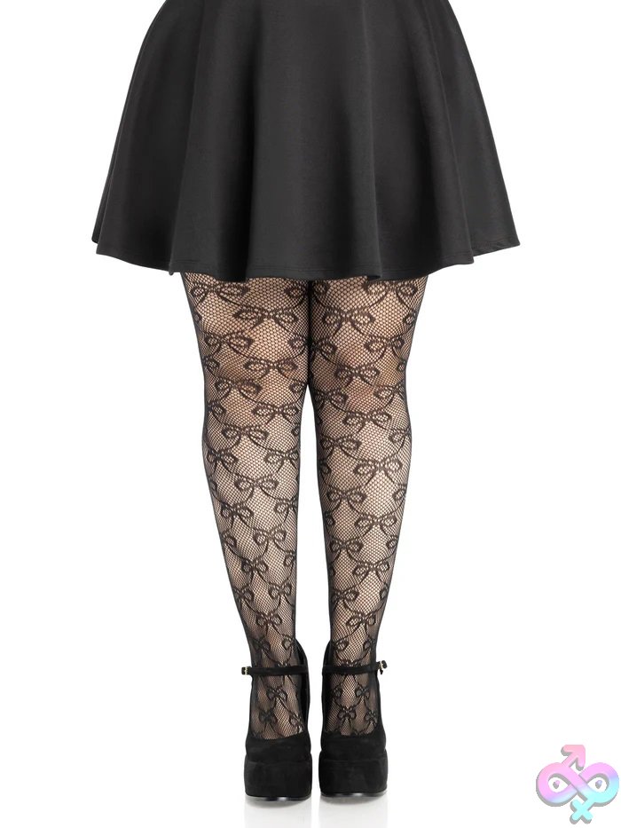Discreet-Toys-Plus-Bow-Net-Tights-1X-2X-Black-La-9236Xbk1X2 Plus Bow Net Tights - 1X 2X - Image 1