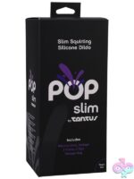 Slim glow-in-the-dark squirting strap-on dildo in purple silicone by Tantus