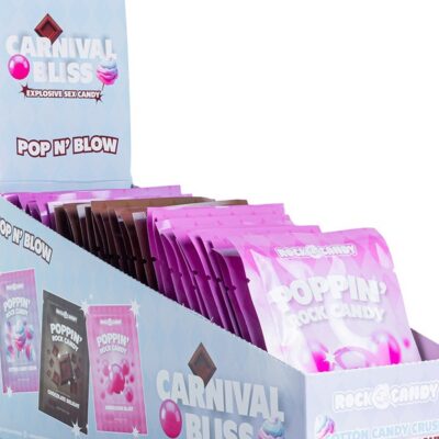 Carnival Bliss popping rock candy 36-count display in pink packaging by Rock Candy