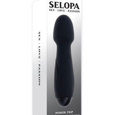 Power Trip black silicone wand vibrator with textured grip and flexible rounded head by Selopa