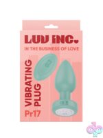 Luv Inc vibrating anal plug with wireless remote in green and purple on a neutral background