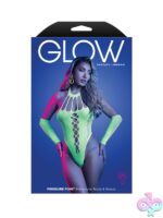 Neon green UV-reactive rhinestone knit teddy and matching gloves one size by Fantasy Lingerie