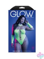 Neon green UV-reactive rhinestone knit teddy and matching gloves queen size by Fantasy Lingerie