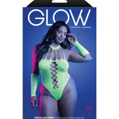 Neon green UV-reactive rhinestone knit teddy and matching gloves queen size by Fantasy Lingerie