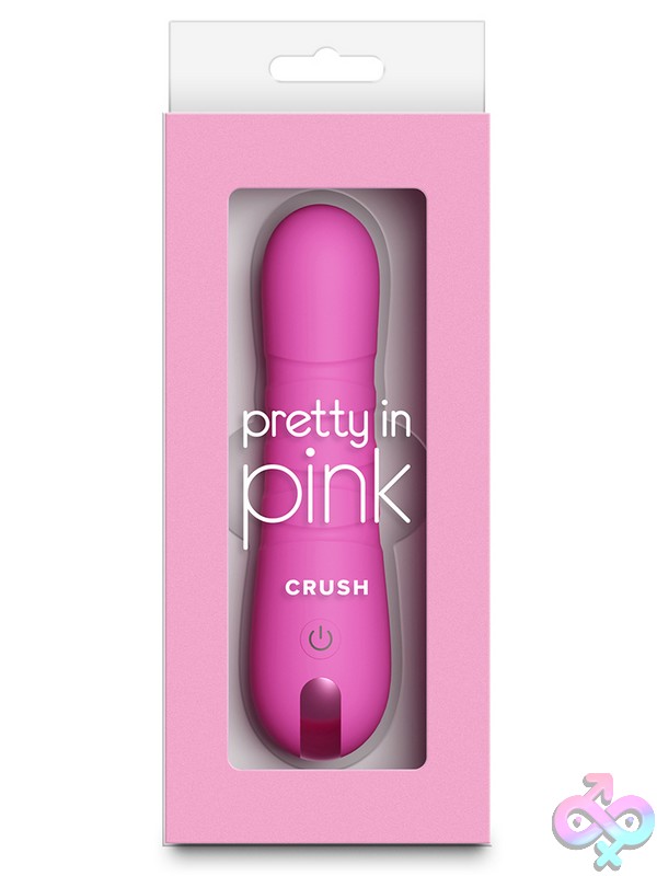 Discreet-Toys-Pretty-In-Pink-Crush-Pink-Nu-Nsn-0365-34 Palm-Sized Pink Silicone Compact Thruster By Ns Novelties Shown Upright On A Neutral Surface
