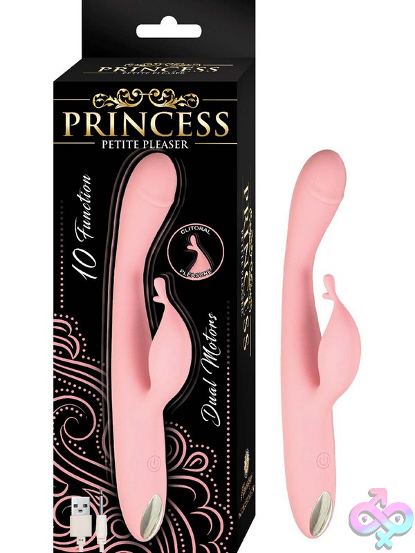 Discreet-Toys-Princess-Petite-Pleaser-Pink-Nu-Nw3136-1 Princess Petite Pleaser Slim Dual-Motor Rabbit Vibrator In Pink And Green On Neutral Background