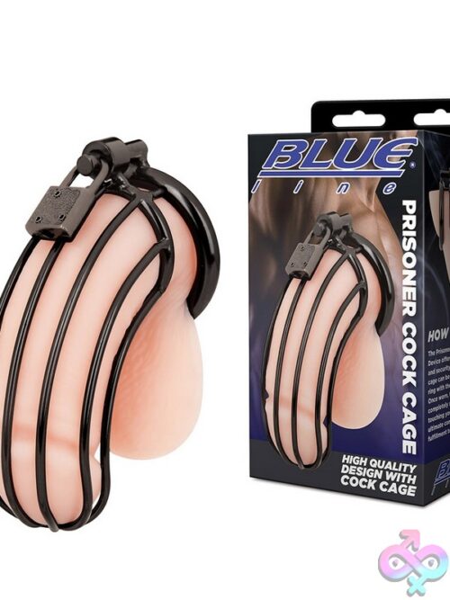 Blue Line Men Prisoner Cock Cage In Metal With Padlock And Key On Neutral Background
