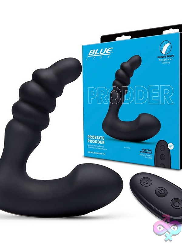 Discreet-Toys-Prodder-Sphincter-Training-Remote-Controlled-Prostate-Stimulator-Nu-Blm6005 Ribbed Black Silicone Remote Control Prostate Massager By Blue Line Men