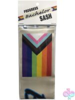Beige polyester Progress Flag bachelor sash with vibrant licensed pride design by Kheper Games
