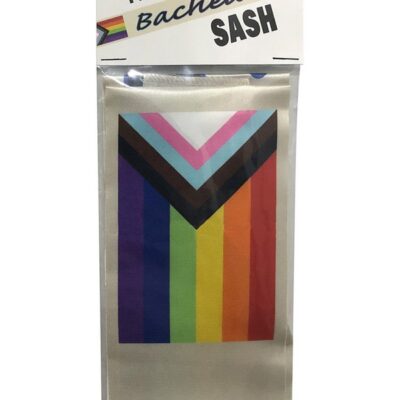 Beige polyester Progress Flag bachelor sash with vibrant licensed pride design by Kheper Games