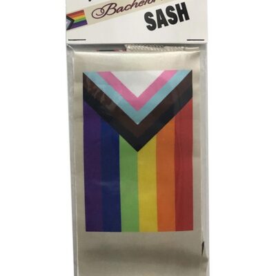 Beige polyester Progress Flag bachelorette sash by Kheper Games, one-size for parties and pride events