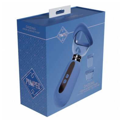 Automatic 5-speed rechargeable silicone pump kit in blue by Shots Toys with vulva, clitoral, and breast cups