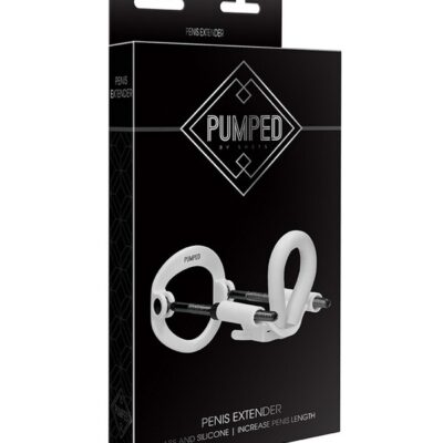 Pumped penis extender with spring-loaded steel traction rods shown in black and white variants