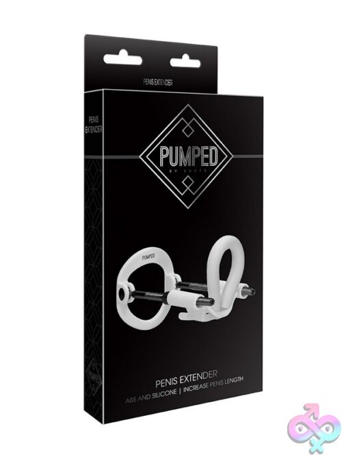 Pumped Penis Extender With Spring-Loaded Steel Traction Rods Shown In Black And White Variants