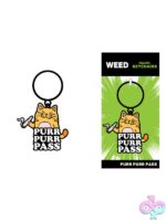 Yellow Purr Purr Pass cat enamel keychain by Wood Rocket on a metal key ring