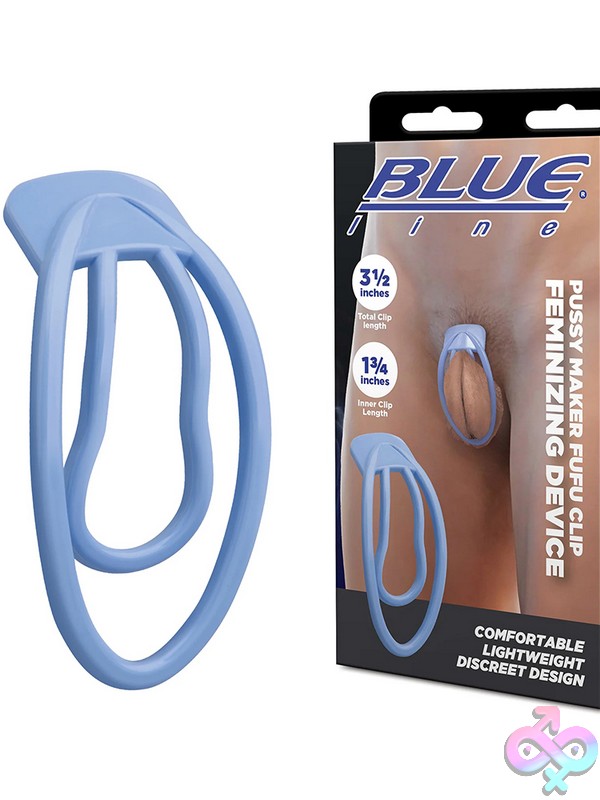 Discreet-Toys-Pussy-Maker-Fufu-Clip-Feminizing-Device-Nu-Blm5033 Lightweight Blue Feminizing Fufu Clip By Blue Line Men Shown Against Neutral Background