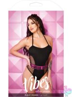 Cheeky black microfiber and fishnet playsuit with halter neckline and strappy back by Fantasy Lingerie