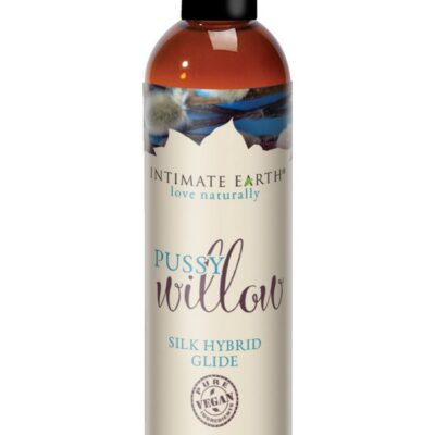Pussy Willow Silk Hybrid Lubricant 2 oz orange bottle with botanical extracts by Intimate Earth
