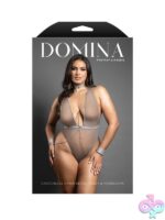 Queen size crotchless plunge teddy with chain-link choker and handcuffs in gray mesh by Fantasy Lingerie
