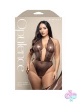 Crotchless halter plunge teddy in chocolate metallic foil mesh with open pearl-string back by Fantasy Lingerie