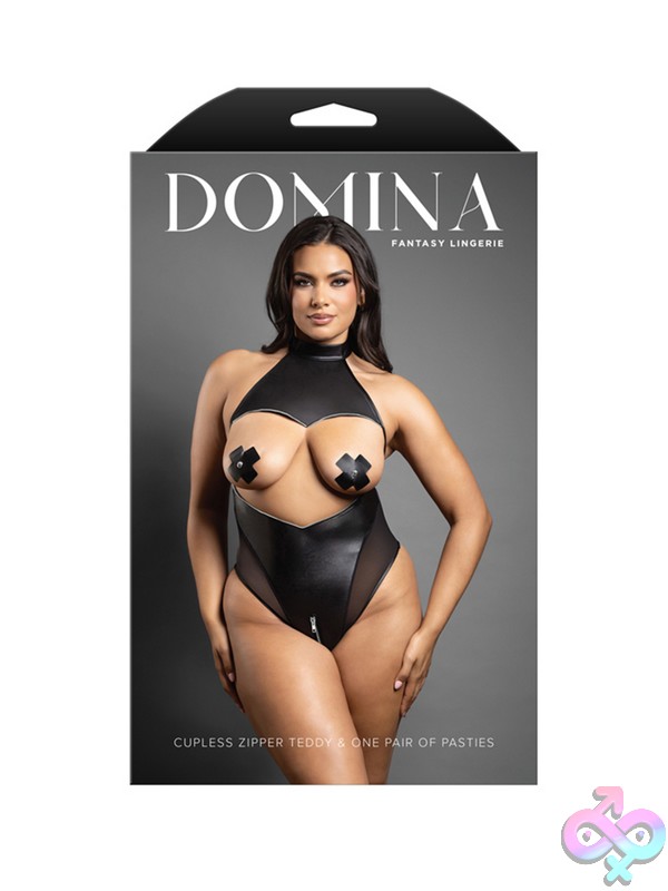 Discreet-Toys-Queen-Cupless-Zipper-Teddy-One-Pair-Of-Pasties-Queen-Size-Nu-2531Blk-Qs-B Cupless Black Leatherette And Mesh Halter Teddy With Zipper Detail And Pasties By Fantasy Lingerie