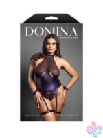 Deep purple queen size gartered mesh bustier with crotchless panty and wrist restraints laid flat on a dark surface