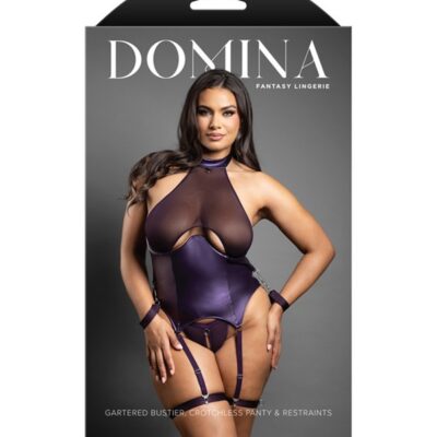 Deep purple queen size gartered mesh bustier with crotchless panty and wrist restraints laid flat on a dark surface