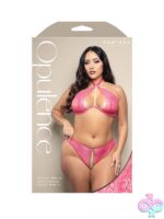 Hot pink shimmer lace halter bra and crotchless pearl panty curvy set by Fantasy Lingerie