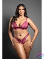 Berry pink leatherette and lace zipper bralette and panty set in queen size by Fantasy Lingerie