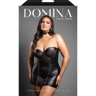 Black queen-size zipper chemise with buckle halter in leatherette and mesh