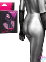 Full length black rhinestone mesh gloves reaching elbow height by California Exotic Novelties