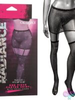 Black rhinestone mesh one-piece garter skirt with attached thigh highs, plus size, by California Exotic Novelties