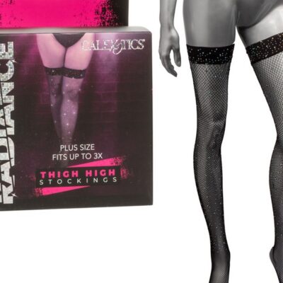 Black plus size thigh high stockings with rhinestone accents by California Exotic Novelties