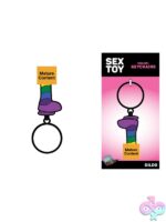 Rainbow Dildo Keychain in multi-color by Wood Rocket, shown on a white background