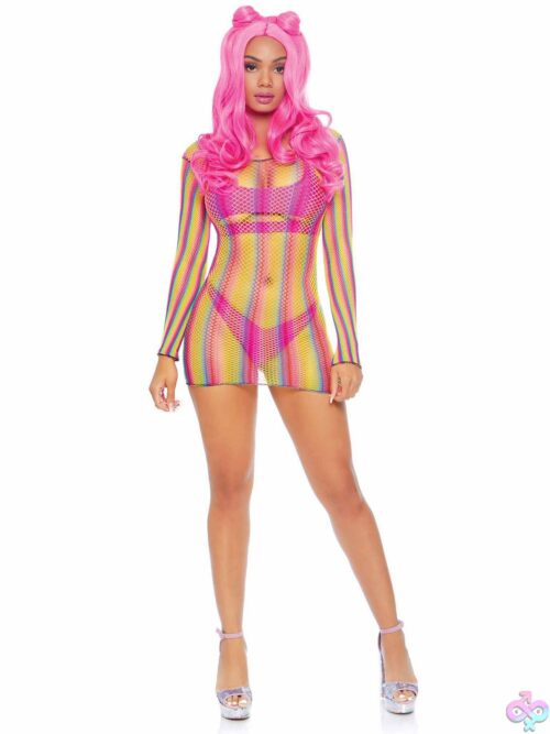 Rainbow Fishnet Long Sleeved Mini Dress - One Size - Rainbow - Image 2