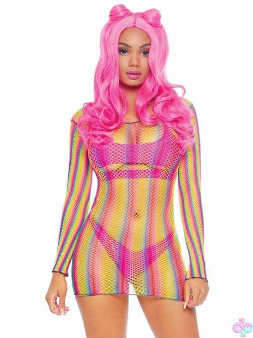 Rainbow Fishnet Long Sleeved Mini Dress - One Size - Rainbow - Image 5
