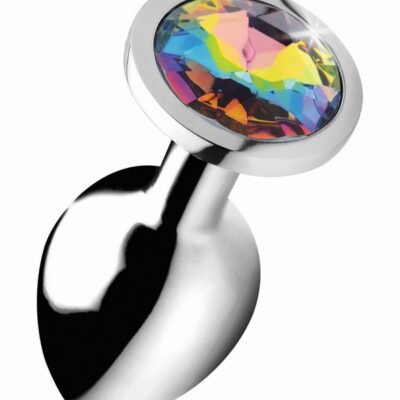Rainbow Prism Gem Anal Plug by XR Brands — small polished metal plug with faceted rainbow crystal jewel