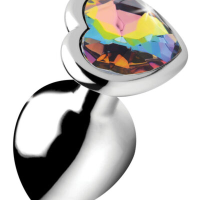 Rainbow Prism Heart Anal Plug by XR Brands — heart-shaped rainbow gem base, polished metal