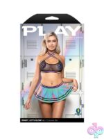 Flash-reflective 4-piece cheerleader costume set with mesh top, pleated skirt, g-string, and pom-pom pasties