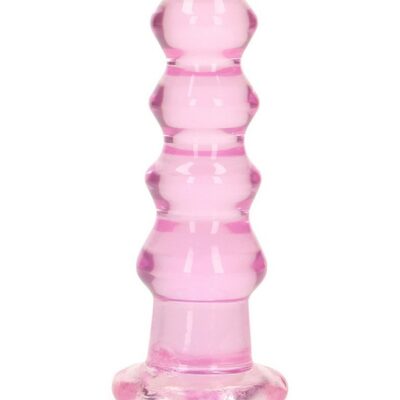 RealRock crystal clear curvy dildo and butt plug in blue, clear, and pink with suction cup base