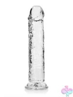 Realrock Crystal Clear straight realistic dildo with suction cup base shown in clear and blue variants