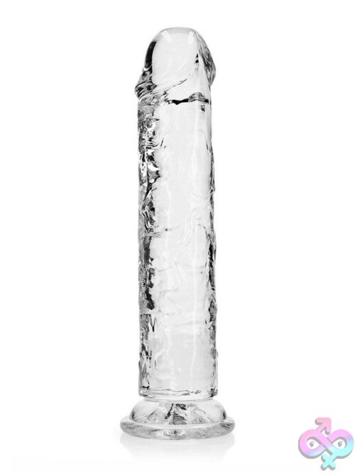 Realrock Crystal Clear Straight Realistic Dildo With Suction Cup Base Shown In Clear And Blue Variants