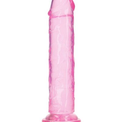 RealRock Crystal Clear 11 inch realistic dildo with suction cup base shown standing upright on white background