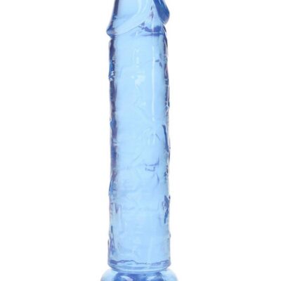 RealRock Crystal Clear straight realistic dildo with suction cup base in blue, clear, and pink